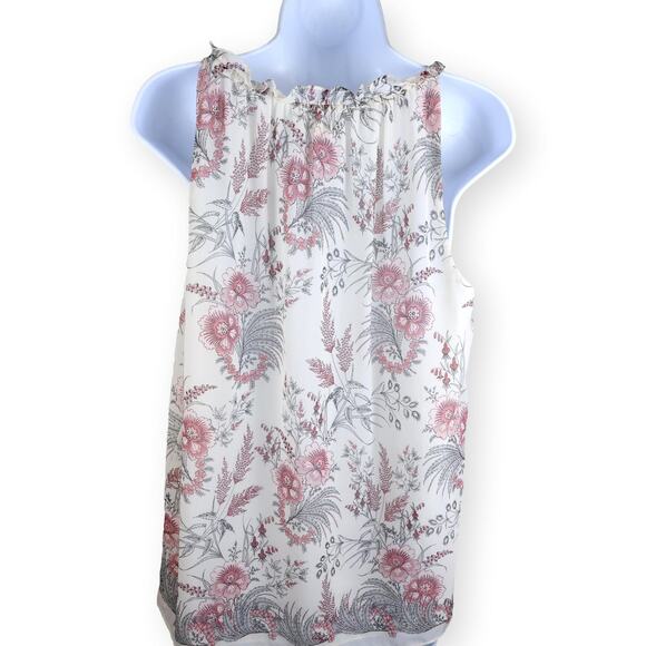 MAX STUDIO Top Sleeveless Floral White Muted Red Ruffle Neck M - Picture 4 of 5